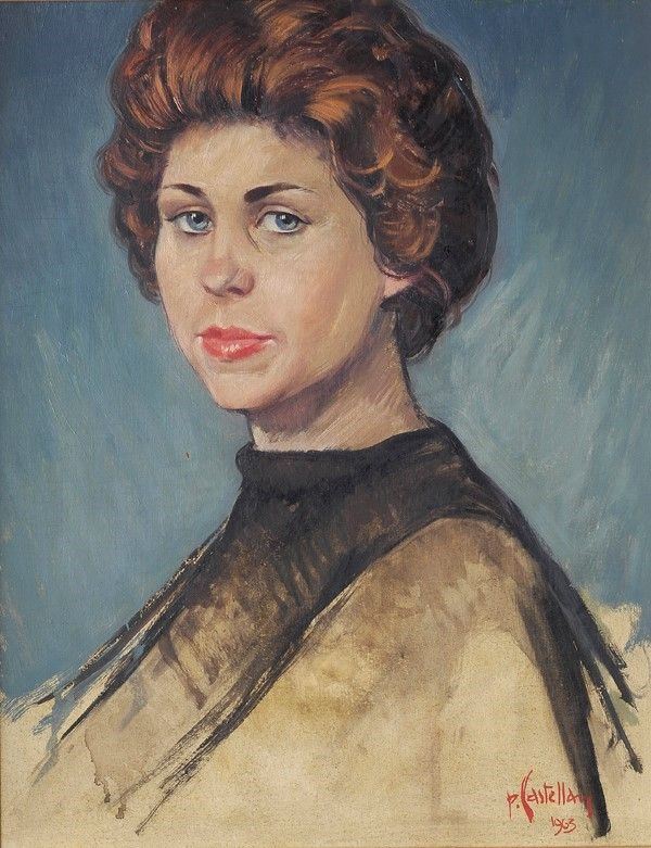 Paride Castellan : Ritratto di donna  (1963)  - Olio su compensato - Asta ASTA A TEMPO - Autori dell'800-900, Moderni e Contemporanei, Grafica ed Edizioni - I - Galleria Pananti Casa d'Aste