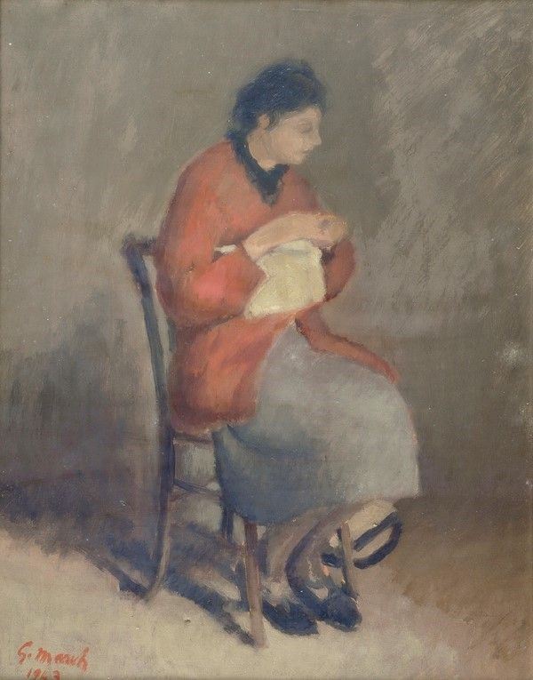 Giovanni March : Donna che ricama  (1943)  - Olio su tela - Auction Arte Moderna e Contemporanea, Edizioni e Grafica - I - Galleria Pananti Casa d'Aste