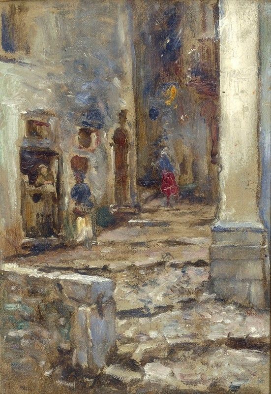 Alfonso Hollaender - Vicolo con acquaiola e figure