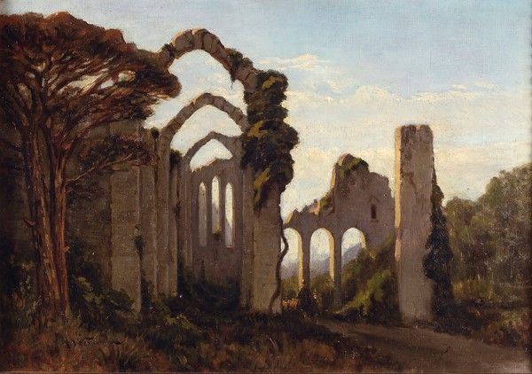 Achille Vertunni : Paesaggio con rovine e pastore  - Olio su tela - Asta Autori dell'800 e 900 - Galleria Pananti Casa d'Aste