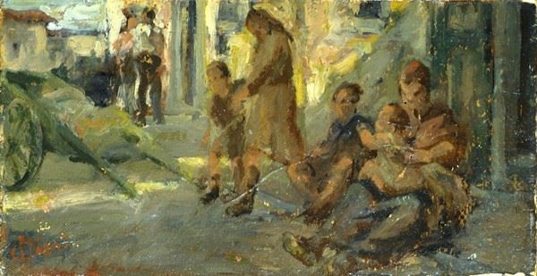 Cesare Ciani : Life in the alley  - Oil on cardboard - Auction MODERN  ART - TUSCANY AUTHORS - Galleria Pananti Casa d'Aste