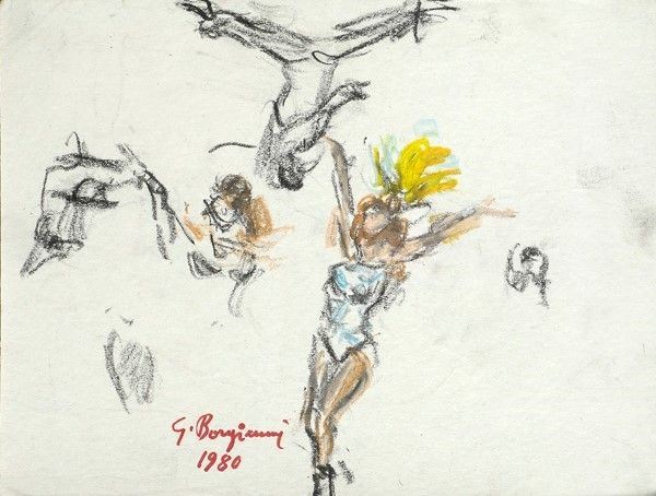 Guido Borgianni : Saltimbanchi  (1980)  - Pastelli su cartoncino - Asta DISEGNI DAL XIX AL XX SEC - Galleria Pananti Casa d'Aste