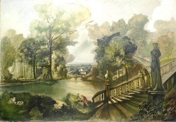 Luciano Guarnieri : The lake of the villa  (1957)  - Oil painting on canvas - Auction  [..]