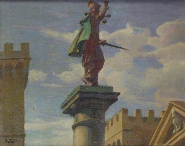 Scorcio della colonna della Giustizia in Piazza Santa Trinita  - Olio su tela - Asta Antiquariato - Galleria Pananti Casa d'Aste