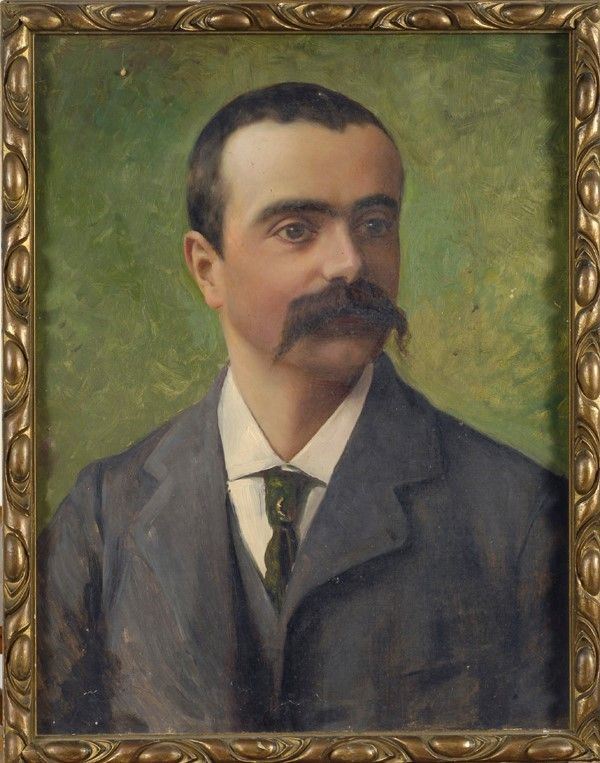 Ritratto di gentiluomo con baffi su fondo verde