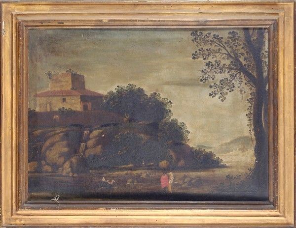Scuola Fiamminga, fine XVIII sec. : Paesaggio con figure  - Olio su tela - Asta Antiquariato - Galleria Pananti Casa d'Aste
