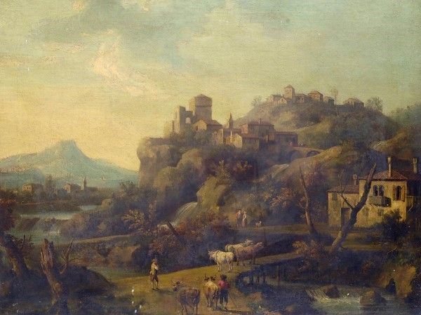 Scuola Italia Settentrionale, XVIII sec. : Paesaggio con pastori  - Olio su tela - Asta Antiquariato - Galleria Pananti Casa d'Aste
