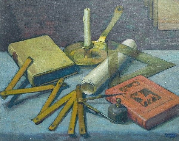 Ezio Giovannozzi : Natura morta con libri e metro  - Olio su tela - Asta Antiquariato - Galleria Pananti Casa d'Aste