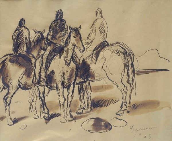 Felice Carena : Composizione di figure a cavallo  (1942)  - China su carta - Asta Autori dell'800 e 900 - Galleria Pananti Casa d'Aste