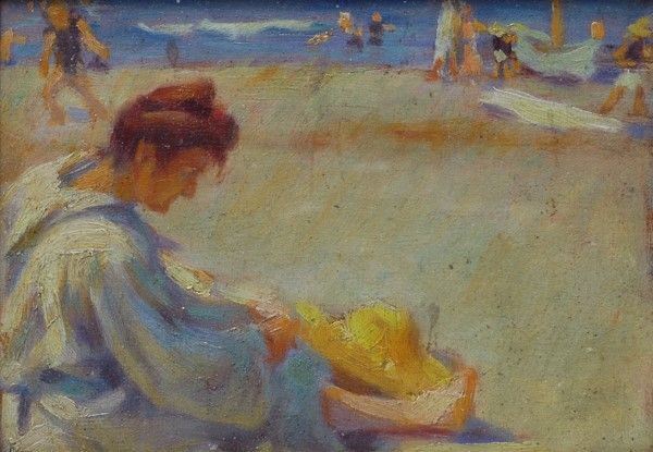 Anonimo, XX sec. : Figura sulla spiaggia  - Olio su compensato - Auction Autori dell'800 e 900 - Galleria Pananti Casa d'Aste
