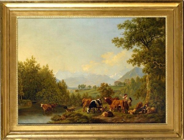 Scuola Olandese, XIX sec. : Paesaggio con armenti  - Olio su tela - Auction Antiquariato - Galleria Pananti Casa d'Aste