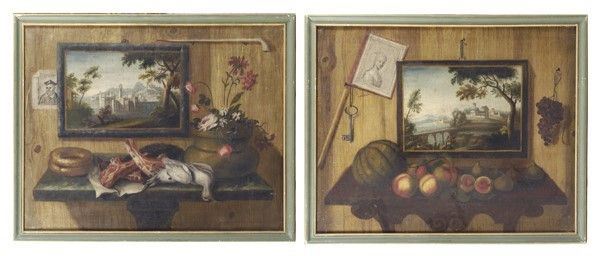 Scuola Emiliana, XVII sec. : Nature morte con trompe l'oeil  - Olio su tela - Auction Antiquariato - Galleria Pananti Casa d'Aste