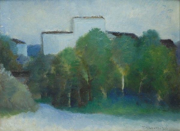 Nino Tirinnanzi : Alberi e casa  (1955)  - olio su tavola - Asta Arte Moderna e Contemporanea - III - Galleria Pananti Casa d'Aste