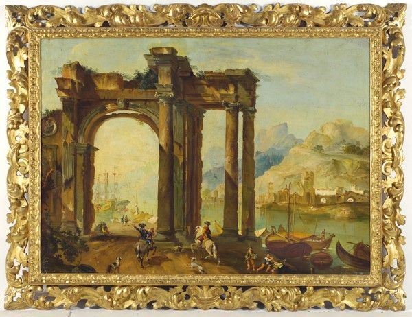 Scuola Italiana, fine XIX sec. - Paesaggio con rovine e figure