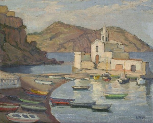 Ezio Giovannozzi : Marina con chiesa  - Olio su compensato - Asta Antiquariato - Galleria Pananti Casa d'Aste