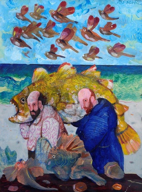 Antonio Possenti : Uomo con pesci  - Olio su tavola - Asta Arte Moderna e Contemporanea Grafica ed Edizioni - Galleria Pananti Casa d'Aste
