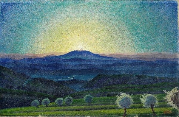 Gerardo Dottori : Paesaggio umbro  (anni '40)  - Olio su tela riportata su tavola - Asta Arte Moderna e Contemporanea Grafica ed Edizioni - Galleria Pananti Casa d'Aste
