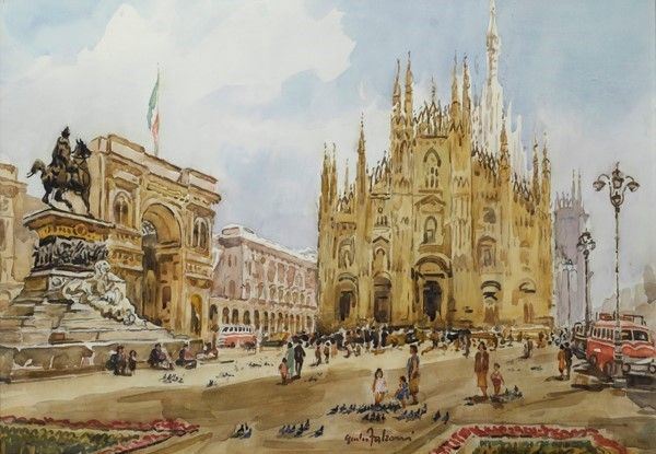 Giulio Falzoni : Piazza Duomo a Milano  - Acquarello su carta - Asta Autori dell'800 e 900 - Galleria Pananti Casa d'Aste