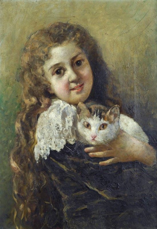 Attr. a Giacomo Alb&#233; : Figura con gatto  - Olio su tela - Asta Autori dell'800 e 900 - Galleria Pananti Casa d'Aste