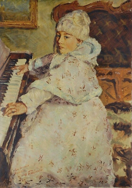 Giovanni Vicedomini : Bambina al piano  - Olio su tela - Auction Autori dell'800 e 900 - Galleria Pananti Casa d'Aste