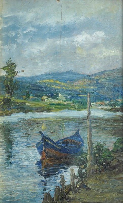 Eugenio Chiostri : Barca sul canale  - Olio su tavola - Auction Autori dell'800 e 900 - Galleria Pananti Casa d'Aste