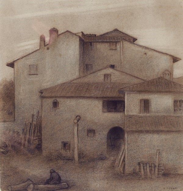 Orazio Toschi : Vecchie case a sera  - Carboncino su carta - Auction Autori dell'800 e 900 - Galleria Pananti Casa d'Aste
