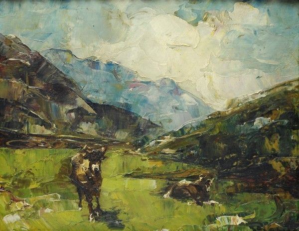 Mario Pobbiati : Pascolo in montagna  - Olio su tavola - Asta Autori dell'800 e 900 - Galleria Pananti Casa d'Aste