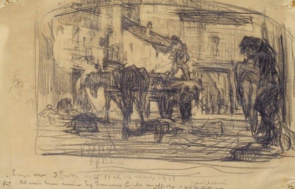 Luigi Michelacci : Piazza a Firenze  (1935)  - Carboncino su carta - Auction Autori dell'800 e 900 - Galleria Pananti Casa d'Aste