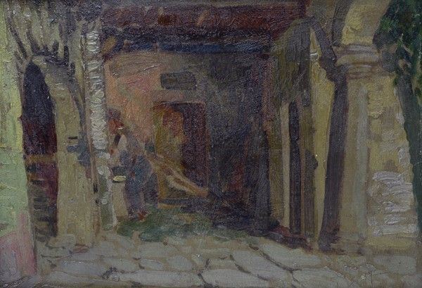 Giulio Vittini : Cortile in campagna  (1927)  - Olio su tavola - Asta Autori dell'800 e 900 - Galleria Pananti Casa d'Aste