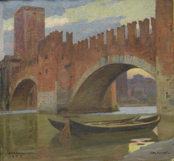 Alberto Micheli : Ponte scaligero  - Olio su cartone - Auction Autori dell'800 e 900 - Galleria Pananti Casa d'Aste