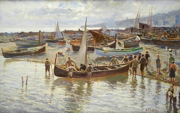Attilio Pratella : Pescatori sulla spiaggia  (1932)  - Olio su compensato - Asta Autori dell'800 e 900 - Galleria Pananti Casa d'Aste