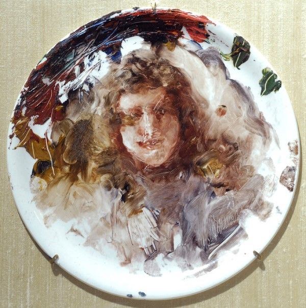 Antonio Mancini : Volto  - Olio su piatto di ceramica bianca S.C. Richar - Asta Autori dell'800 e 900 - Galleria Pananti Casa d'Aste