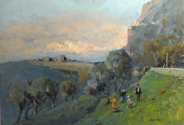 Nicolas De Corsi : Paesaggio al tramonto con figure  - Olio su cartone - Asta Arte Moderna e Contemporanea - III - Galleria Pananti Casa d'Aste