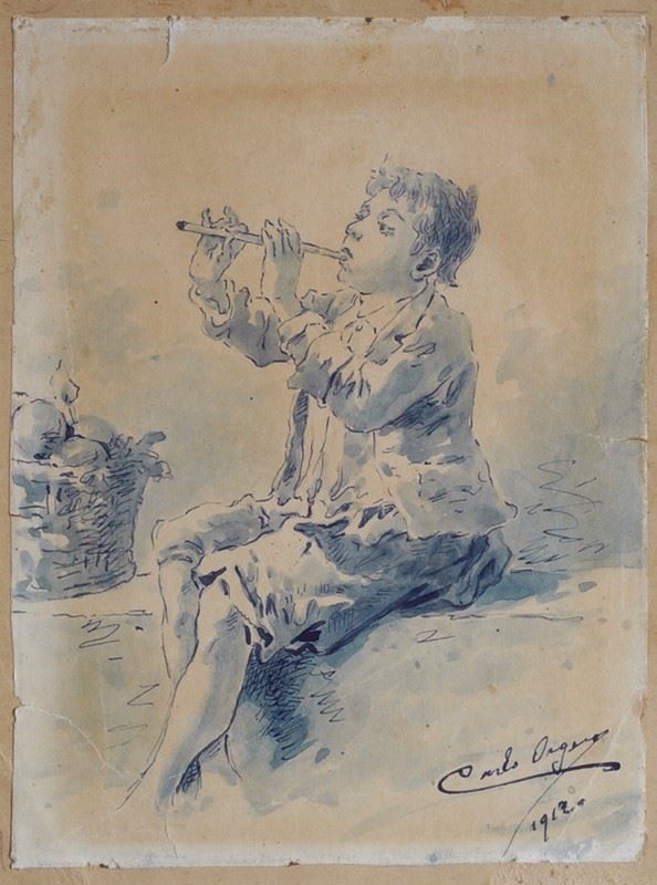 Carlo Orgero : The Little Flutist  (1912)  - China and watercolor ink on paper - Auction AUTHORS OF XIX AND XX CENTURY - Galleria Pananti Casa d'Aste