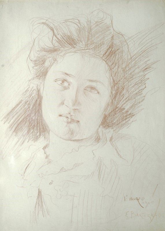 Enrico Bartezago : Volto di donna  (1900)  - Sanguigna su carta - Asta Autori dell'800 e 900 - Galleria Pananti Casa d'Aste
