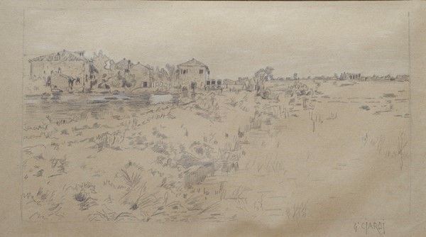 Guglielmo Ciardi : Paesaggio sul fiume  - Disegno su carta - Asta Autori dell'800 e 900 - Galleria Pananti Casa d'Aste