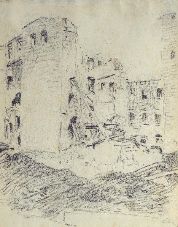 Galileo Chini : Le rovine a Firenze  - Carboncino su carta - Asta Autori dell'800 e 900 - Galleria Pananti Casa d'Aste