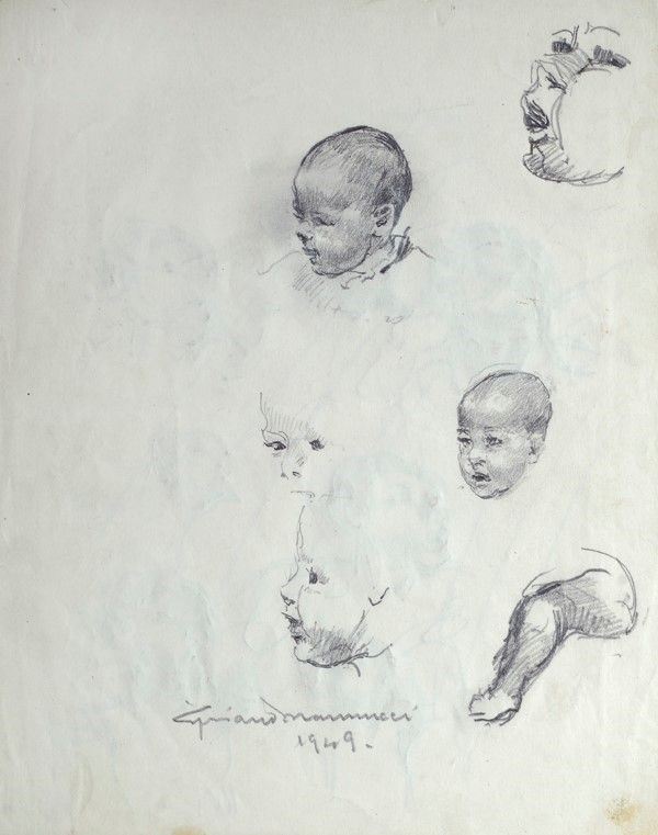 Cipriano Mannucci : Studi di teste infantili  (1949)  - Matita su carta - Auction Opere grafiche del XIX e XX sec. - Galleria Pananti Casa d'Aste