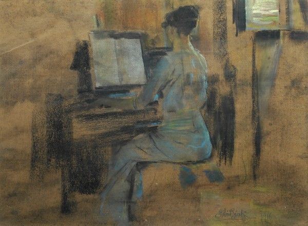 Silvio Bicchi : La pianista  (1916)  - Carboncini su carta - Asta Autori dell'800 e 900 - Galleria Pananti Casa d'Aste
