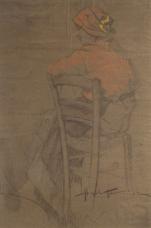 Angiolo Tommasi : Donna seduta  - Carboncini su carta riportata su cartone - Asta Autori dell'800 e 900 - Galleria Pananti Casa d'Aste