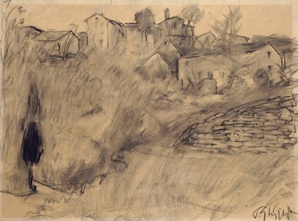 Paulo Ghiglia : Paesaggio con case  - Carboncino su carta - Auction ASTA A TEMPO - Autori dell'800-900, Moderni e Contemporanei, Grafica ed Edizioni - I - Galleria Pananti Casa d'Aste
