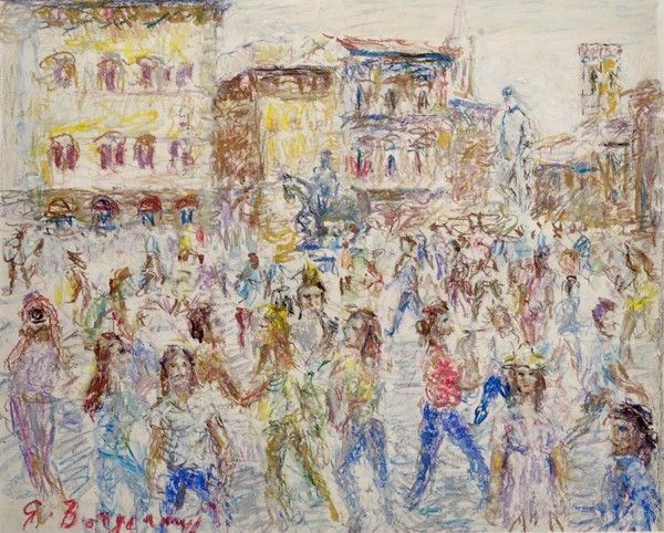 Guido Borgianni : Piazza Santissima Annunziata  - Pastelli su carta - Auction Autori dell'800-900, Arte Moderna e Contemporanea, Grafica ed Edizioni - Galleria Pananti Casa d'Aste
