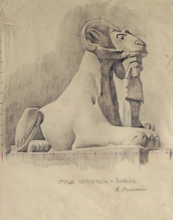 Alberto Pasini : Sfinge criocefala - Karnak  - Matita su carta da lucido - Asta Autori dell'800 e 900 - Galleria Pananti Casa d'Aste