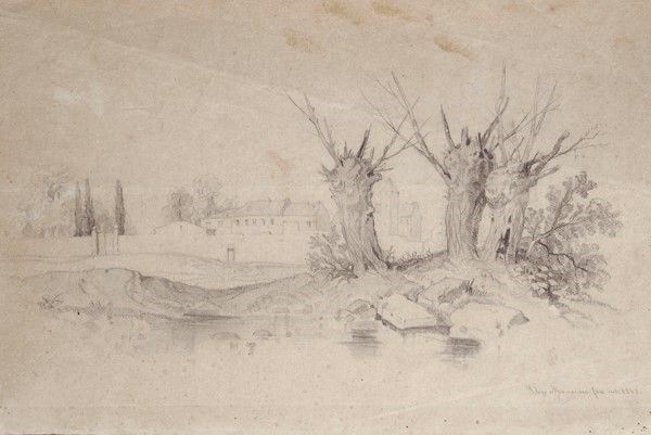 Ugo Manaresi : Paesaggio con borgo  (1868)  - Matita su carta - Asta Autori dell'800 e 900 - Galleria Pananti Casa d'Aste