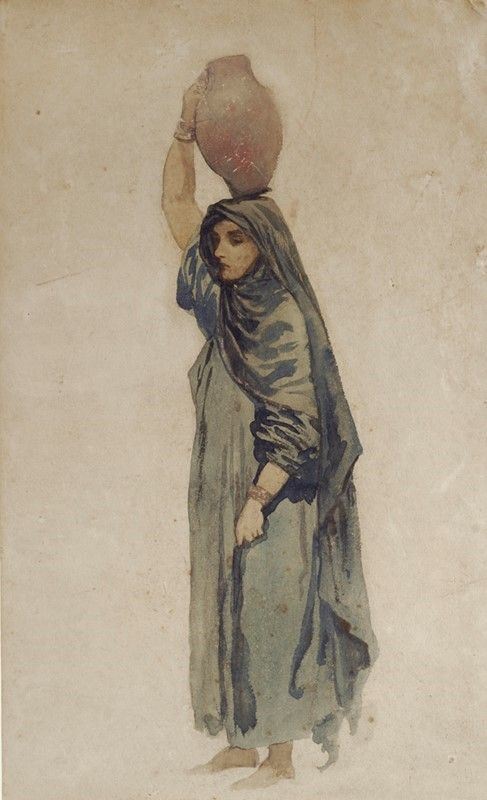 Anonimo, XIX sec. : Donna con anfora  - Acquerello su carta riportata su cartone - Asta Autori dell'800 e 900 - Galleria Pananti Casa d'Aste