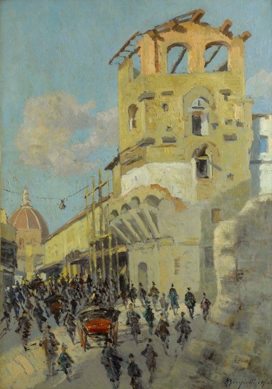 Mario Borgiotti : Ponte Vecchio dopo il bombardamento  (1944)  - Olio su cartone - Asta Autori dell'800 e 900 - Galleria Pananti Casa d'Aste