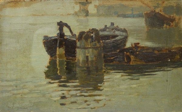 Cerchia di Pietro Fragiacomo : Barca alla fonda  - Olio su cartone - Auction Autori dell'800 e 900 - Galleria Pananti Casa d'Aste