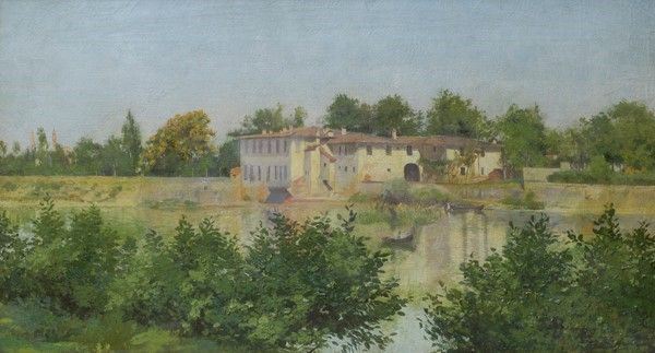 Lorenzo Gelati : Cascina sull'Arno  - Olio su tela - Auction Autori dell'800 e 900 - Galleria Pananti Casa d'Aste