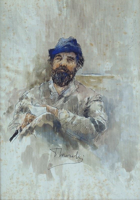 Domenico Morelli : Ritratto  - Acquerello e china su carta - Auction Autori dell'800 e 900 - Galleria Pananti Casa d'Aste