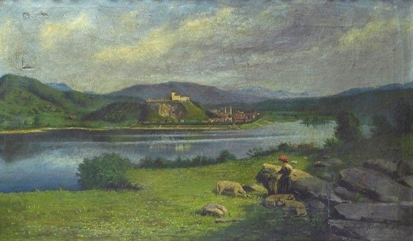 Rocco Ronoletti : Paesaggio con pastorella e gregge  (1919)  - Olio su tela - Asta Autori dell'800 e 900 - Galleria Pananti Casa d'Aste